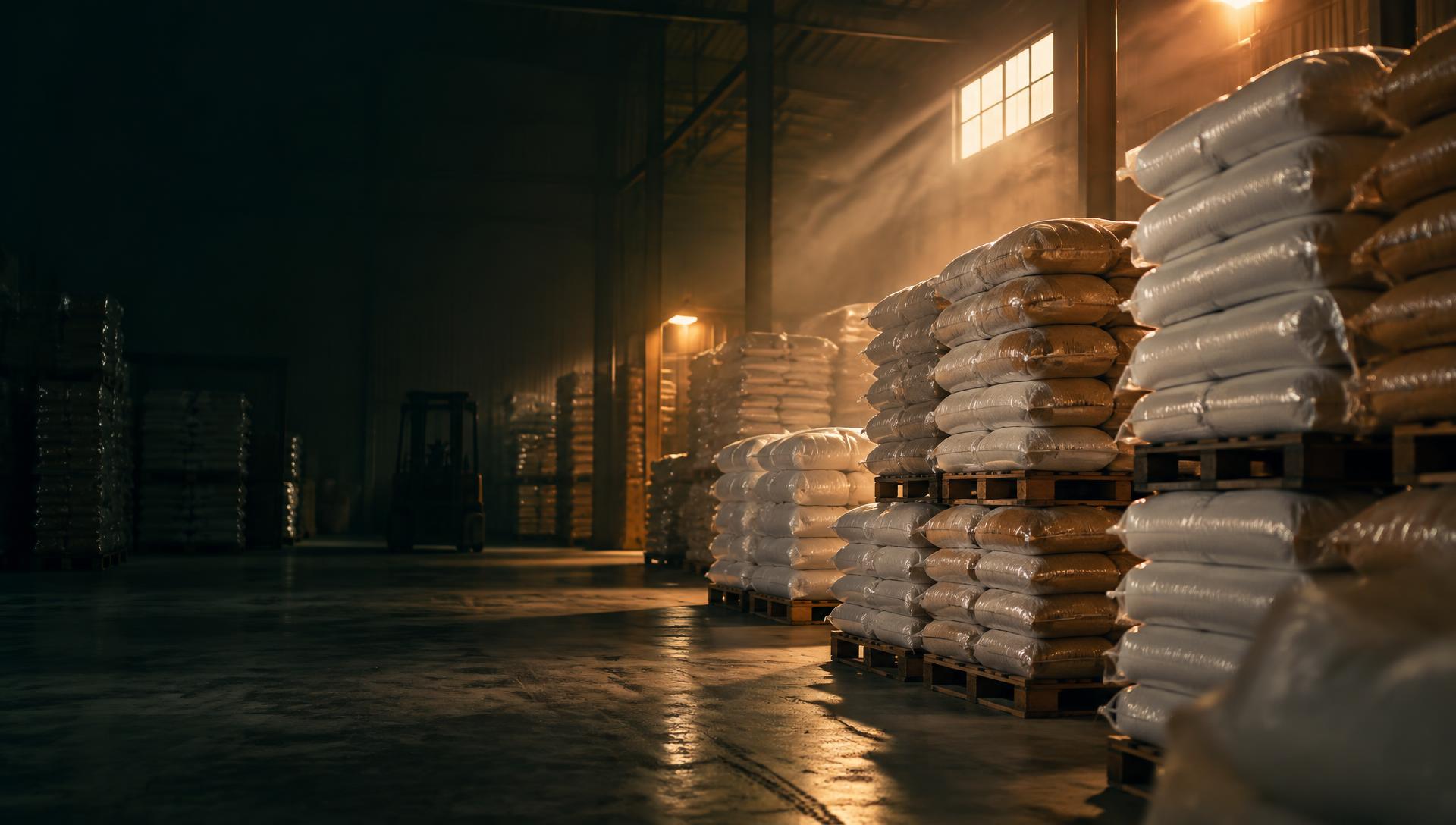 Polymer resin bags in a warehouse